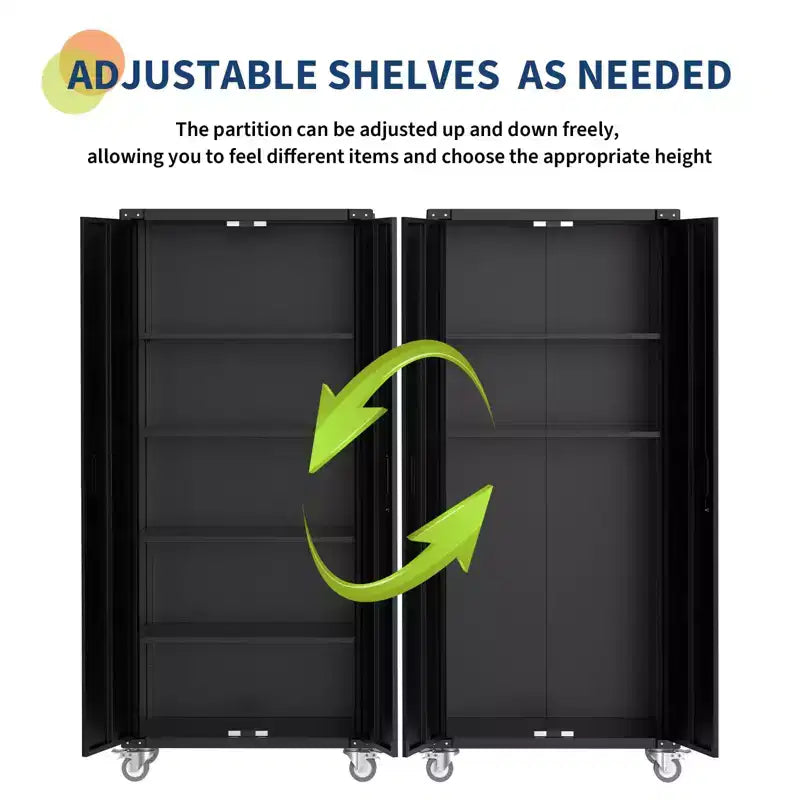 Armoire de rangement de garage avec roues et panneau perforé, armoire de rangement métallique verrouillable de 72 po de hauteur avec 2 portes et 4 étagères réglables pour atelier de garage