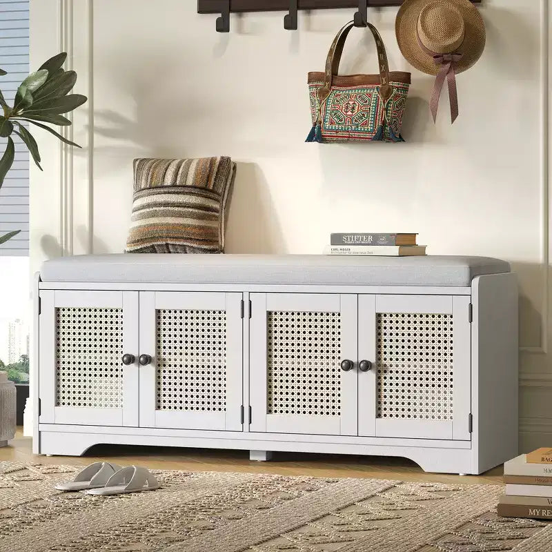 Banc de rangement rustique en bois Whisen, banc à chaussures d'entrée avec coussin amovible, étagères réglables