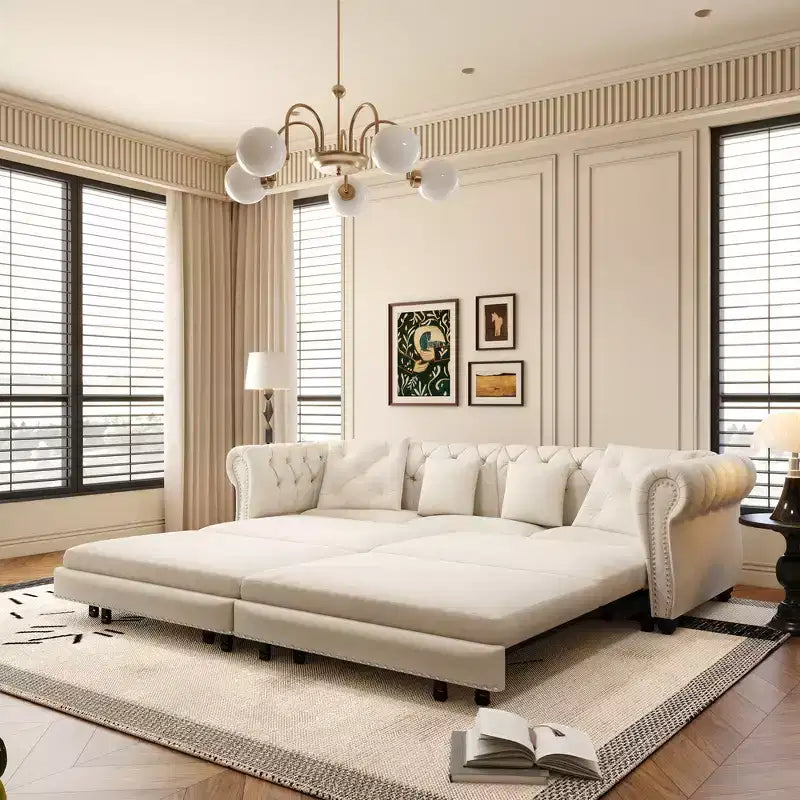 Canapé-lit gigogne 3-en-1 King Size Whisen Velvet et canapé convertible avec pouf mobile, design capitonné