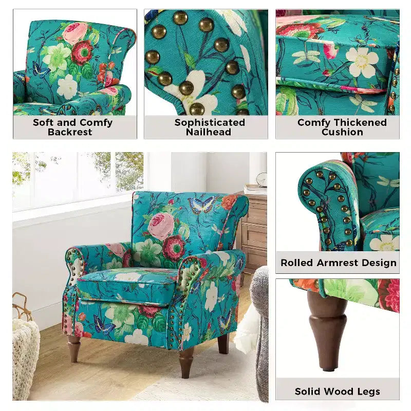 Fauteuil en bois traditionnel Araceli, rembourré à motifs floraux, avec dossier à oreilles et garniture cloutée | ART OF LIVING DESIGNS