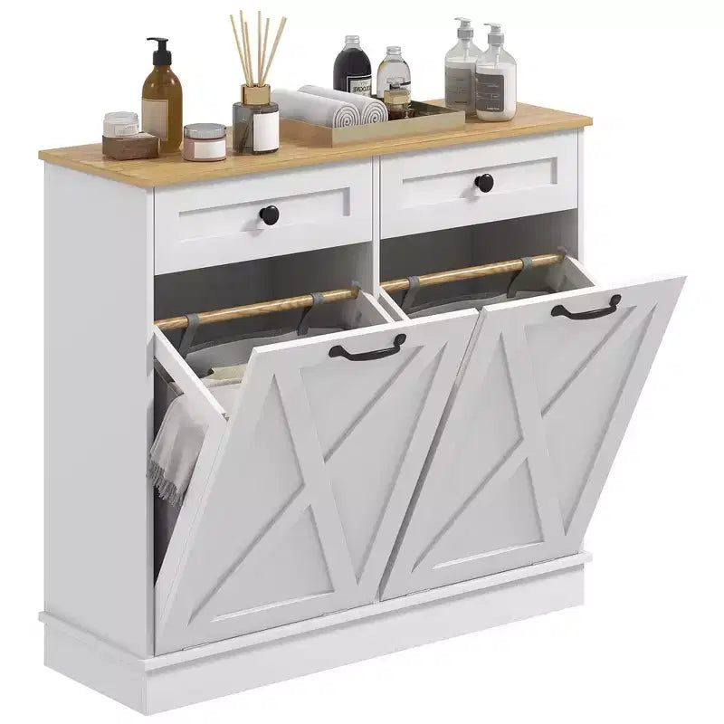 Meuble de salle de bain HOMCOM avec panier à linge basculant, 2 paniers amovibles et 2 tiroirs