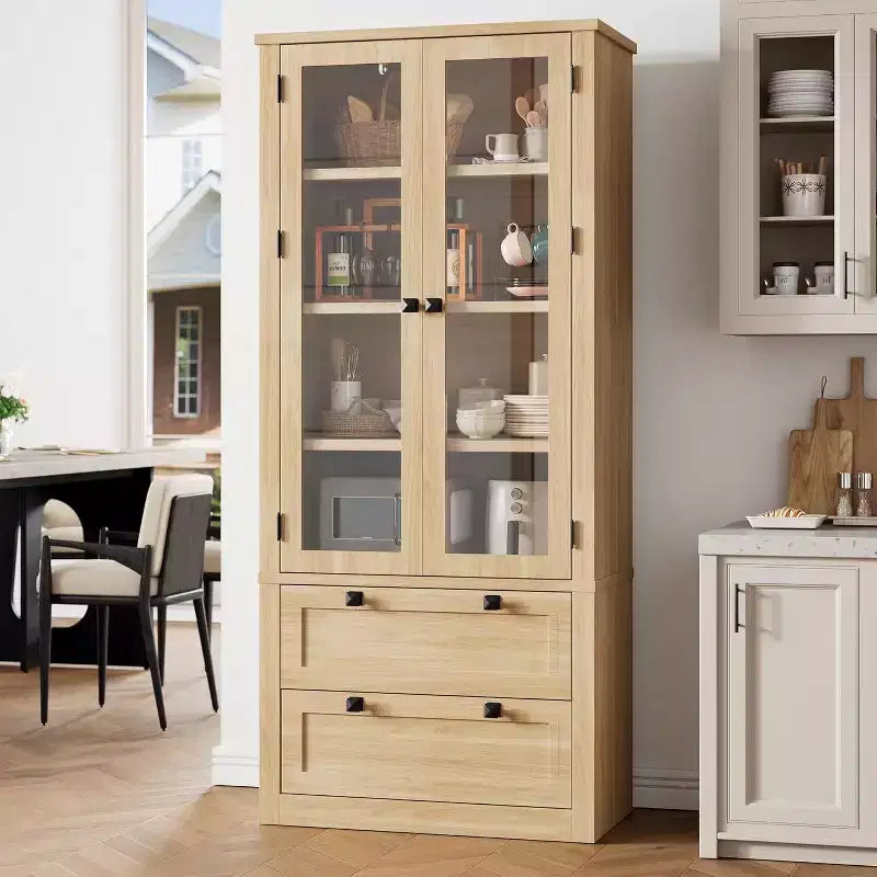 Vaisselier de cuisine de ferme avec portes vitrées, Armoire de rangement de 183 cm avec tiroirs et étagères réglables pour salle à manger, salle de bain, salon