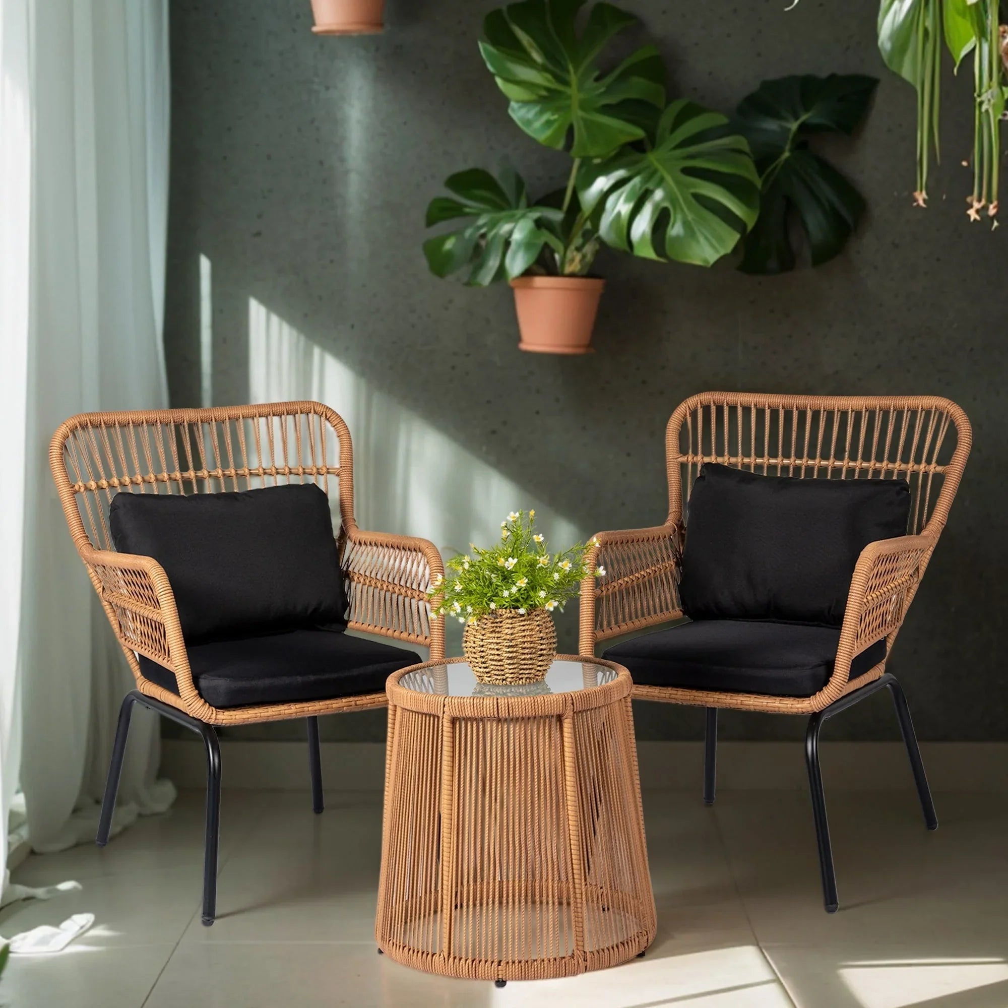Ensemble bistrot 3 pièces en osier pour conversation, salon de jardin en rotin résistant aux intempéries avec coussins