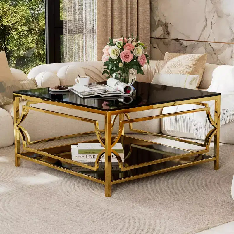 Table basse carrée Merax avec plateau en verre noir ou transparent et étagère de présentation à deux niveaux