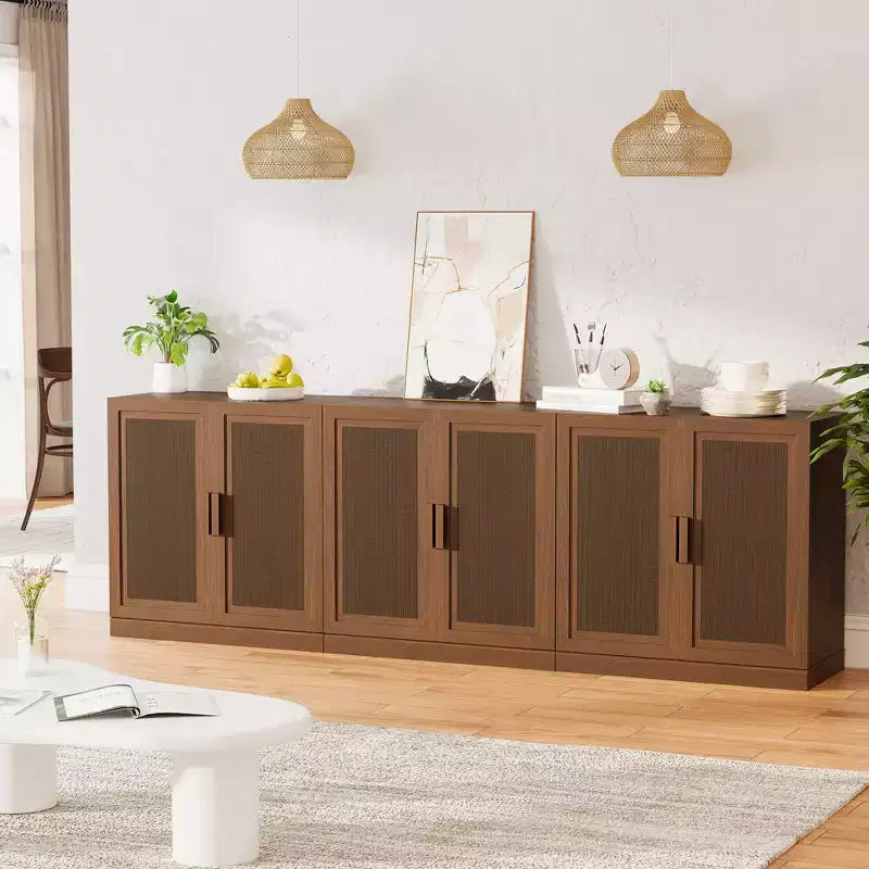 Buffet de rangement à portes en rotin 3 ensembles avec étagères réglables - 93L x 31H