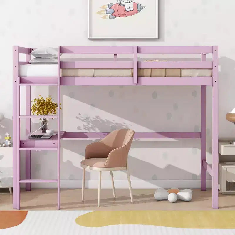 Lit mezzanine Okak Minimalism avec échelle, lit mezzanine simple en bois d'hévéa avec garde-corps de sécurité et bureau intégré, cadres de lit pour enfants, adolescents