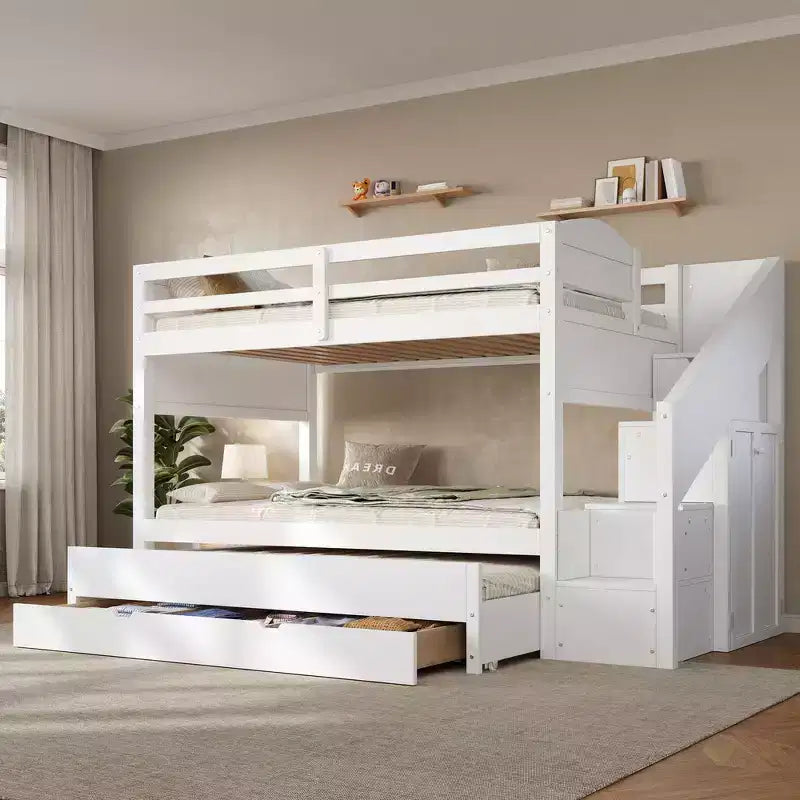Lit superposé Whisen Twin XL avec lit gigogne, lit superposé avec rangement, lit superposé en bois massif, escalier de rangement, armoire, 3 tiroirs, pour enfants