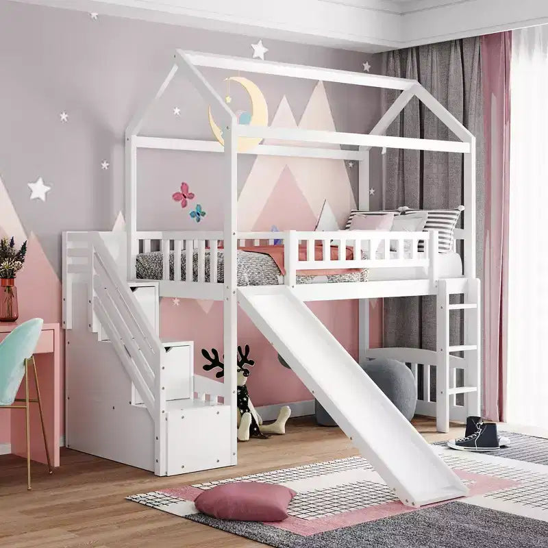 Lit mezzanine jumeau avec toboggan et escalier, lit mezzanine avec tiroirs de rangement, lit mezzanine cabane en bois pour enfants et tout-petits