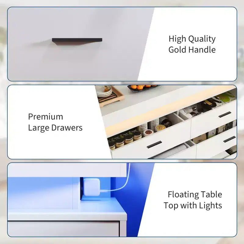 Meuble TV moderne avec 6 tiroirs et lumières LED, bar à café flottant pour centre de divertissement de salon