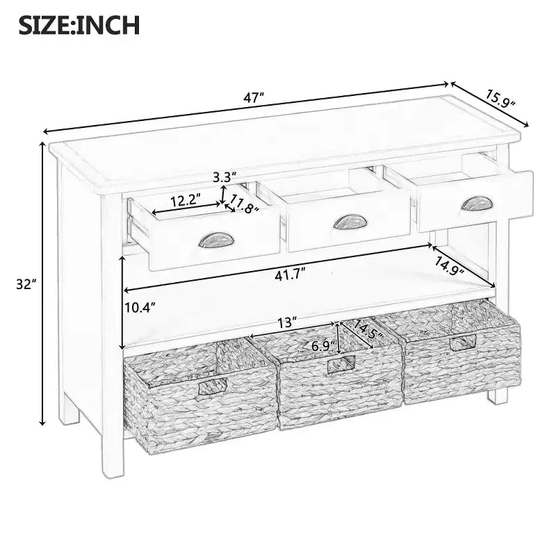 Console de table d'entrée avec rangement, table de couloir de style ferme avec 3 tiroirs et 3 paniers en jacinthe d'eau pour salon ou hall d'entrée - Panipeachy