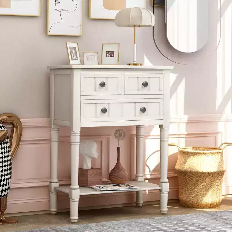 Console étroite de 60 cm avec 3 tiroirs et étagère, table d'appoint pour petite entrée ou salon