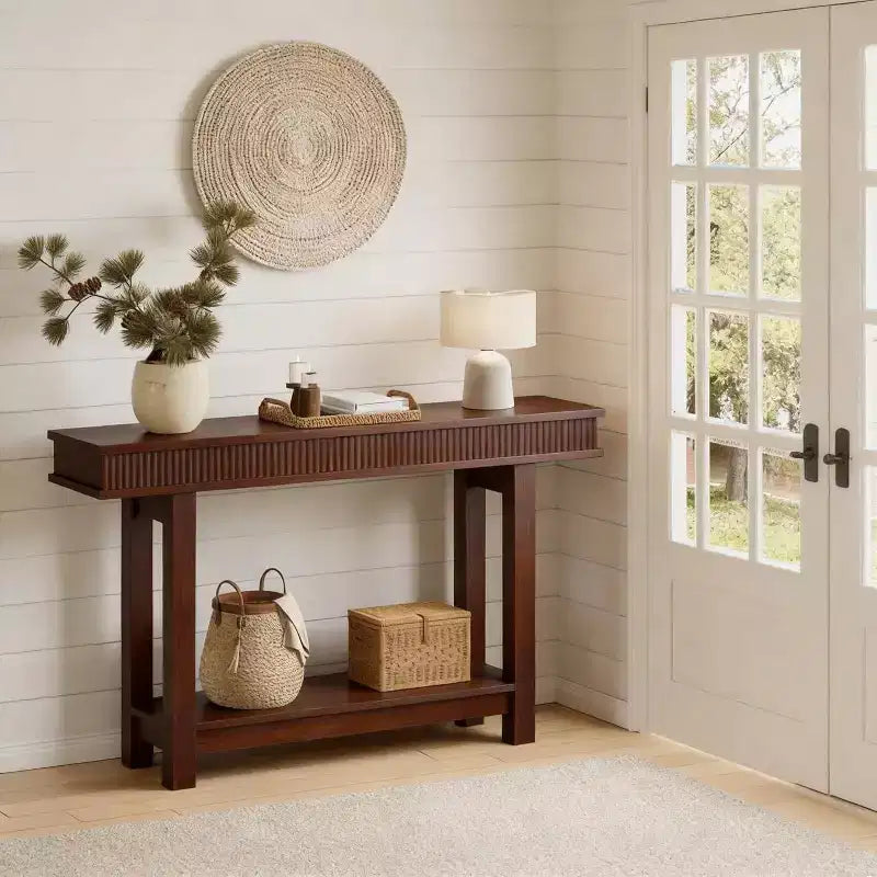Console en bois cannelé de style campagnard, 2 niveaux avec étagère de rangement, table d'entrée rectangulaire étroite, derrière le canapé, pour hall d'entrée, couloir, salon