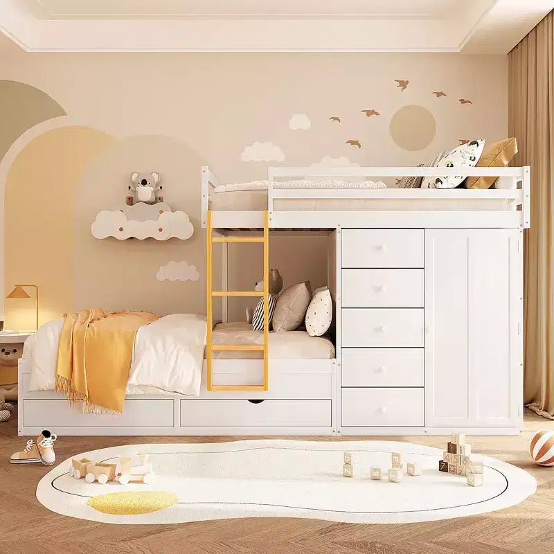 Lit superposé double sur double avec armoire de rangement et tiroirs, lit superposé double en bois peu encombrant avec garde-corps pour appartement, chambre à coucher