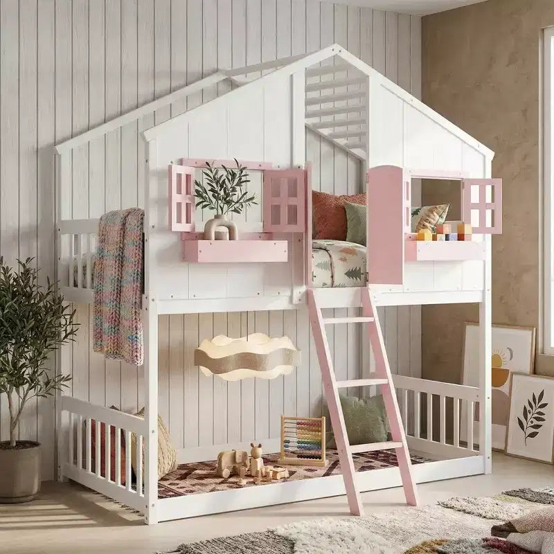 Lit mezzanine cabane de taille double, lit mezzanine cabane en bois avec échelle et barrières de sécurité pour enfants