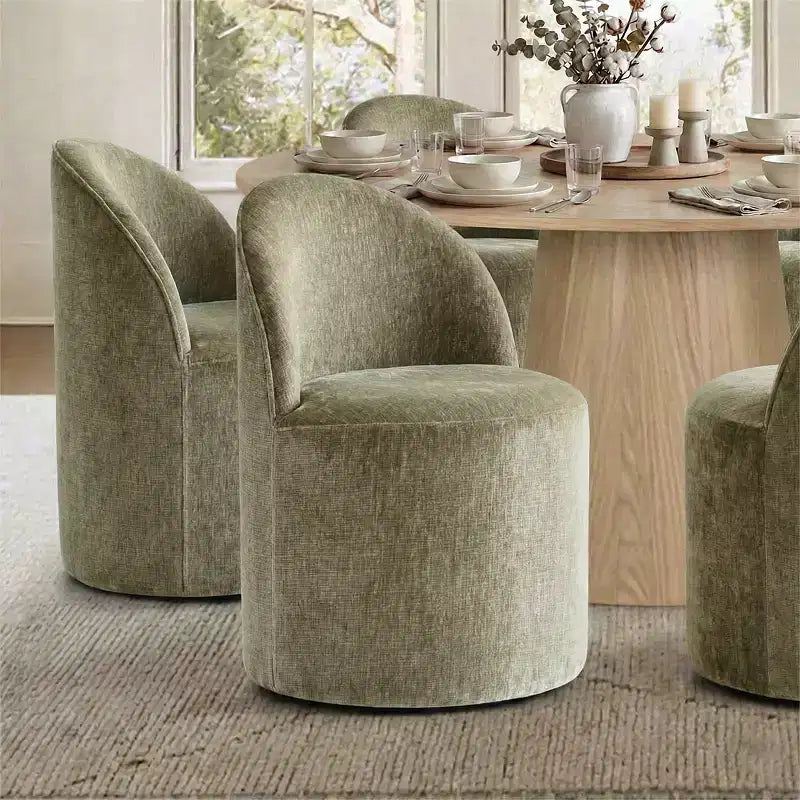 Ensemble de salle à manger moderne pour 6 personnes, table à manger ronde avec pied central, chaises de salle à manger pivotantes à roulettes, tissu chenille texturé - Panipeachy