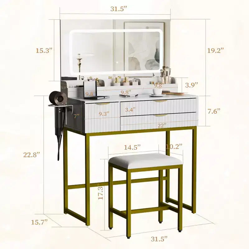 Coiffeuse avec miroir et lumières, miroir lumineux à LED, tiroirs de rangement spacieux pour produits cosmétiques et articles de toilette