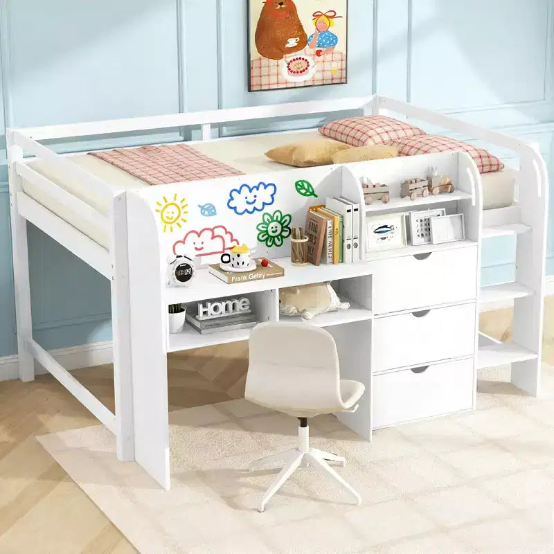 Lit mezzanine bas rose et blanc avec bureau, rangements et tableau blanc – Jumeau, 1 personne