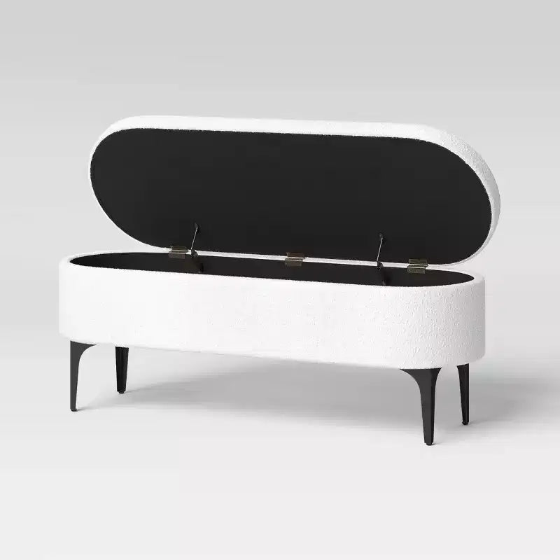 Banc de rangement à pieds métalliques, bouclette crème
