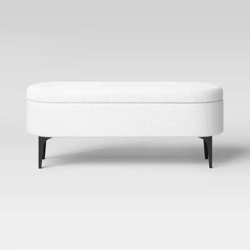 Banc de rangement à pieds métalliques, bouclette crème