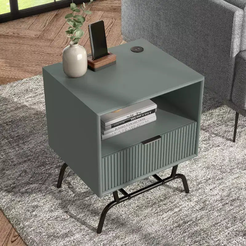 Table d'appoint moderne 1 tiroir avec ports USB et étagère, 45 cm