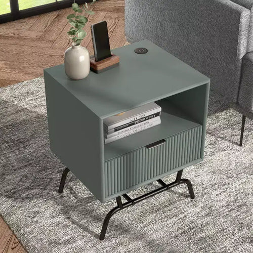Table d'appoint moderne 1 tiroir avec ports USB et étagère, 45 cm