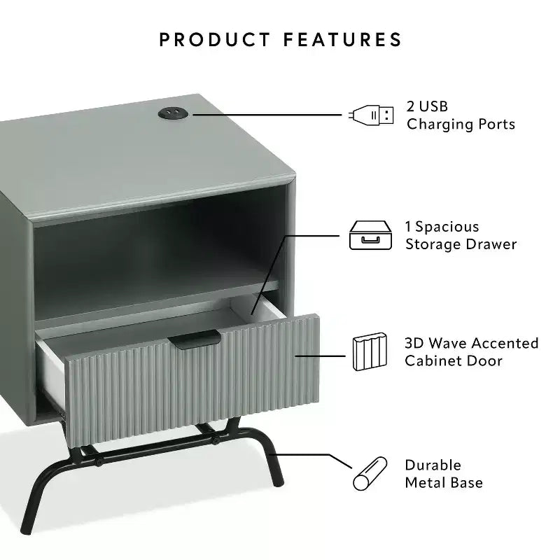 Table d'appoint moderne 1 tiroir avec ports USB et étagère, 45 cm