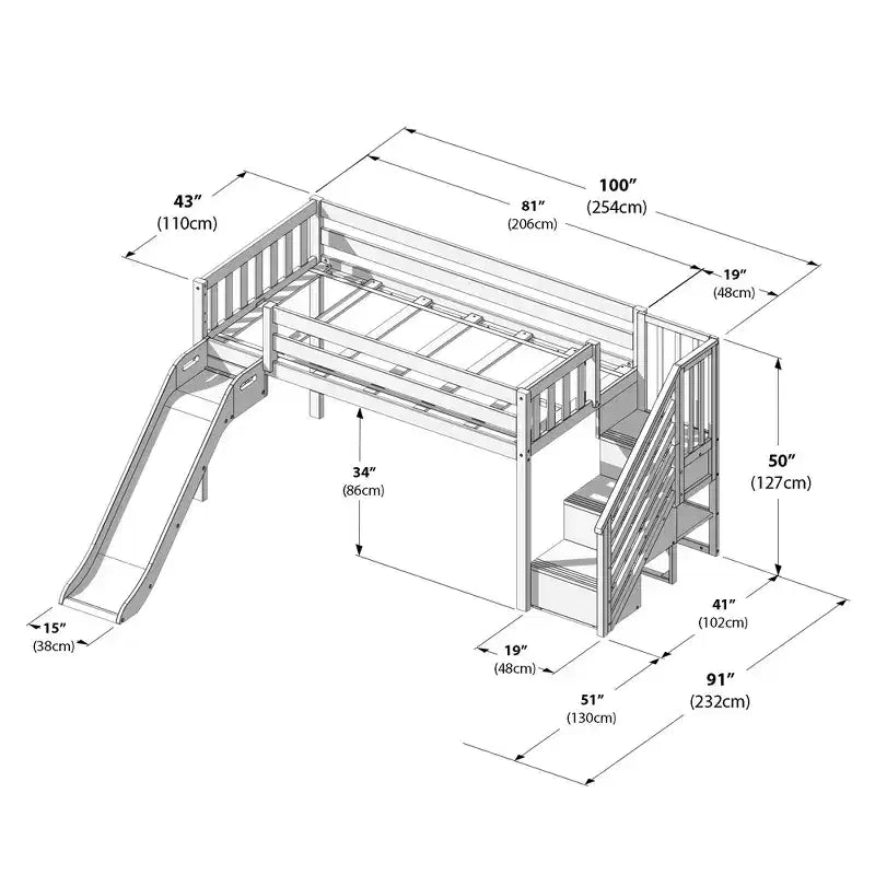 Lit mezzanine bas jumeau avec toboggan et escaliers, lit plateforme pour enfants en bois massif