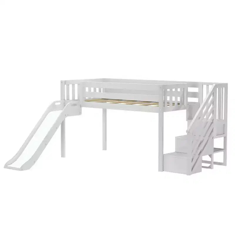 Lit mezzanine bas jumeau avec toboggan et escaliers, lit plateforme pour enfants en bois massif