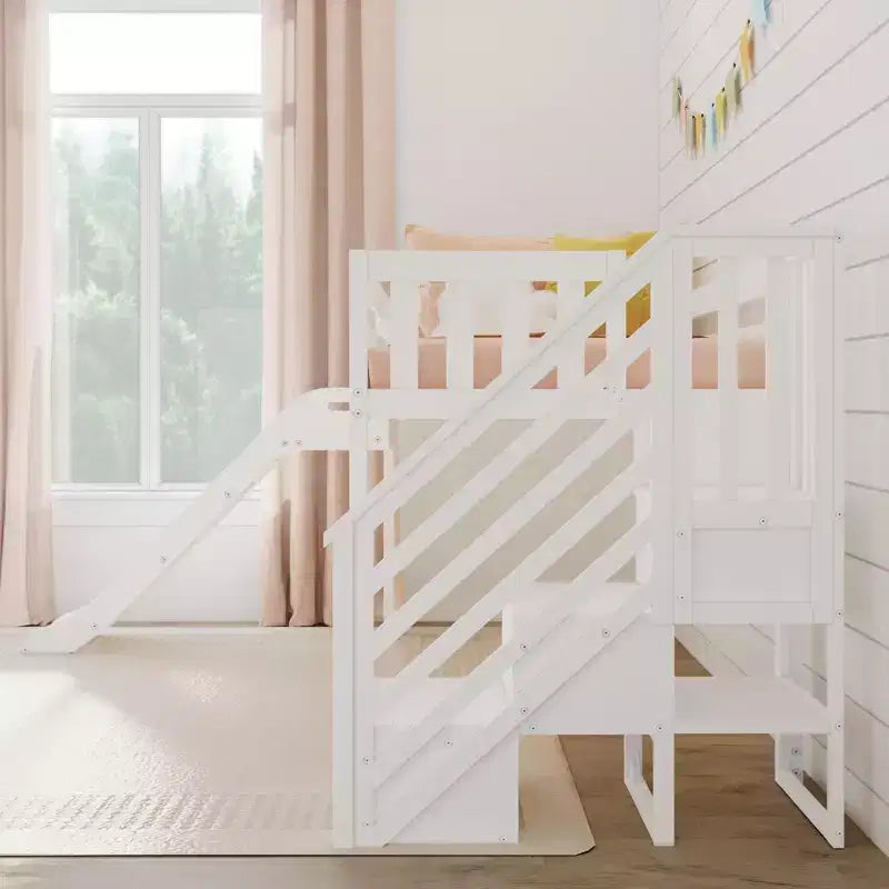 Lit mezzanine bas jumeau avec toboggan et escaliers, lit plateforme pour enfants en bois massif