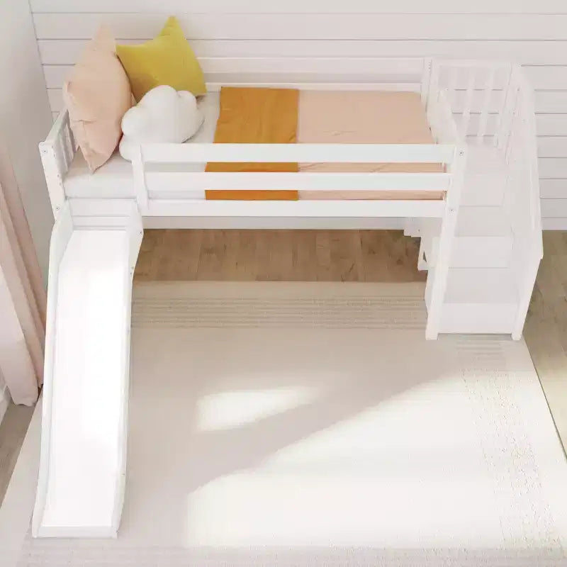 Lit mezzanine bas jumeau avec toboggan et escaliers, lit plateforme pour enfants en bois massif