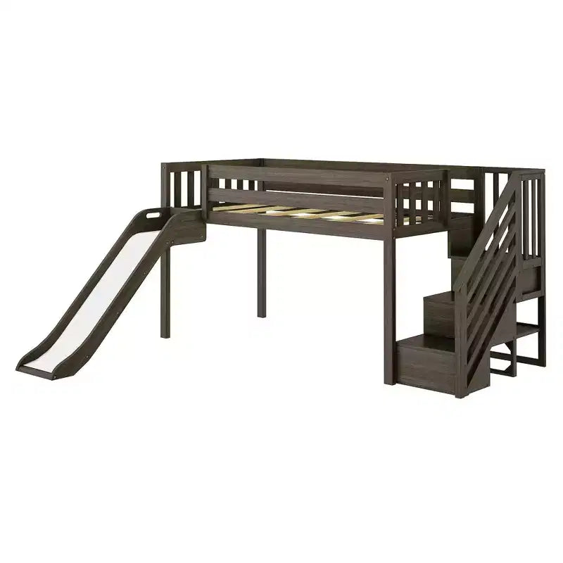 Lit mezzanine bas jumeau avec toboggan et escaliers, lit plateforme pour enfants en bois massif