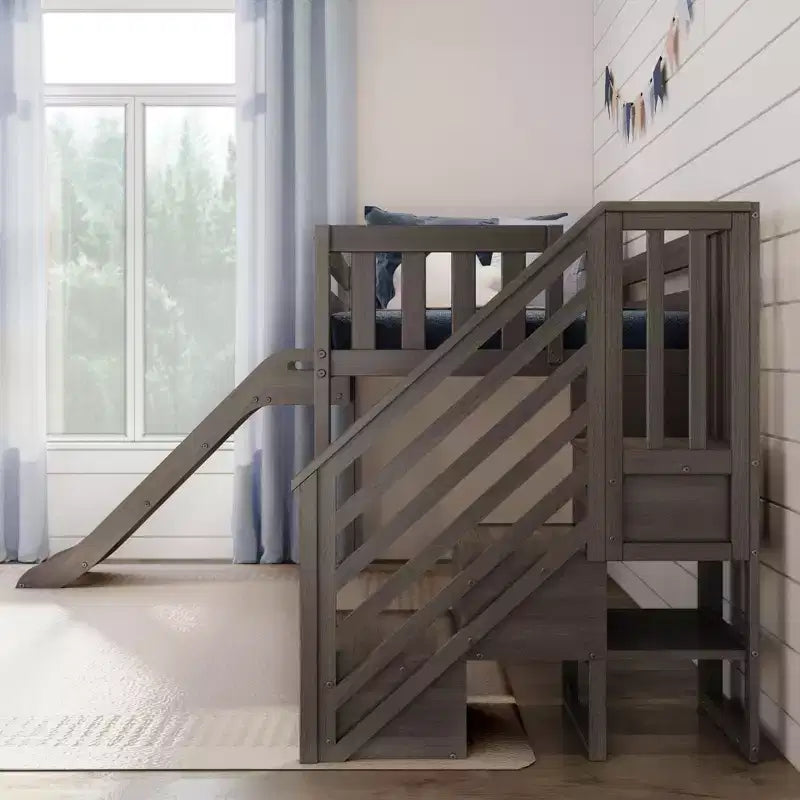 Lit mezzanine bas jumeau avec toboggan et escaliers, lit plateforme pour enfants en bois massif