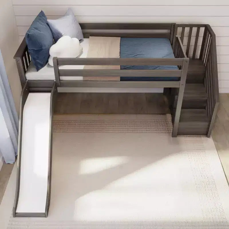 Lit mezzanine bas jumeau avec toboggan et escaliers, lit plateforme pour enfants en bois massif