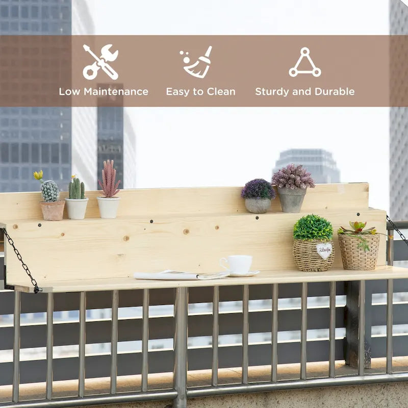 Outsunny Table de Balcon Suspendue, Bar Pliant de Balustrade en Bois d'Épicéa, Table de Service et Bureau, Convient jusqu'à 10 cm, Naturel