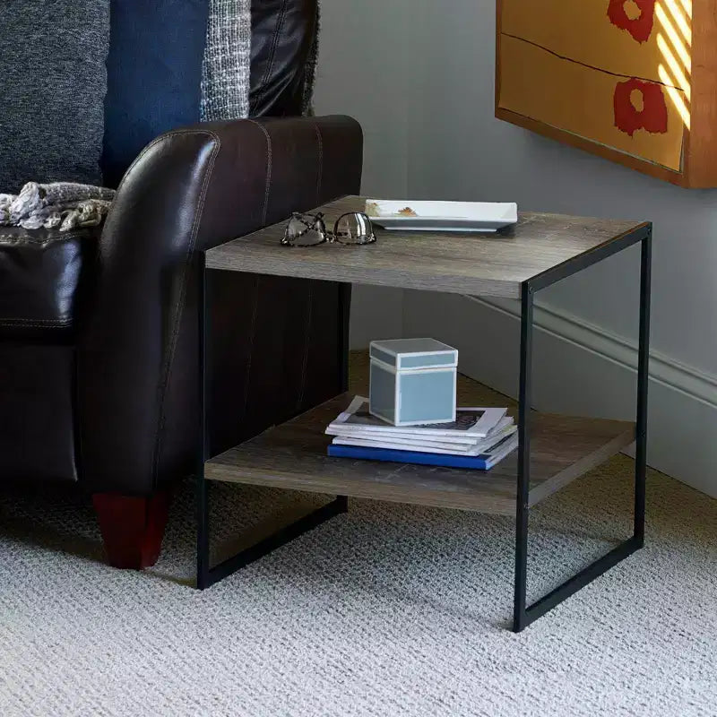 Table d'appoint carrée, cadre en fer noir avec plateau marron