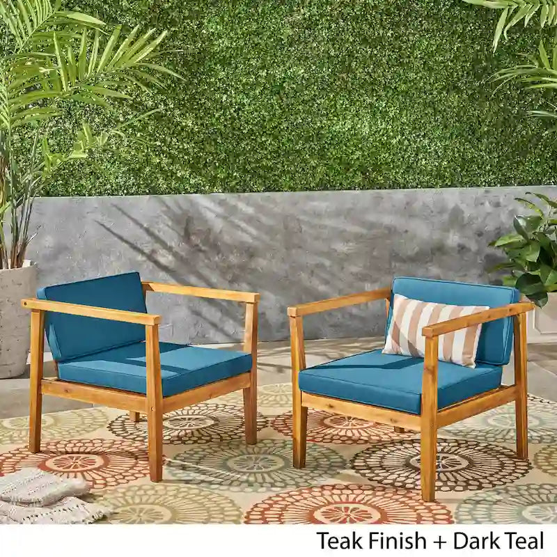Chaises Club d'extérieur Newbury en bois d'acacia avec coussins (lot de 2) par Christopher Knight Home