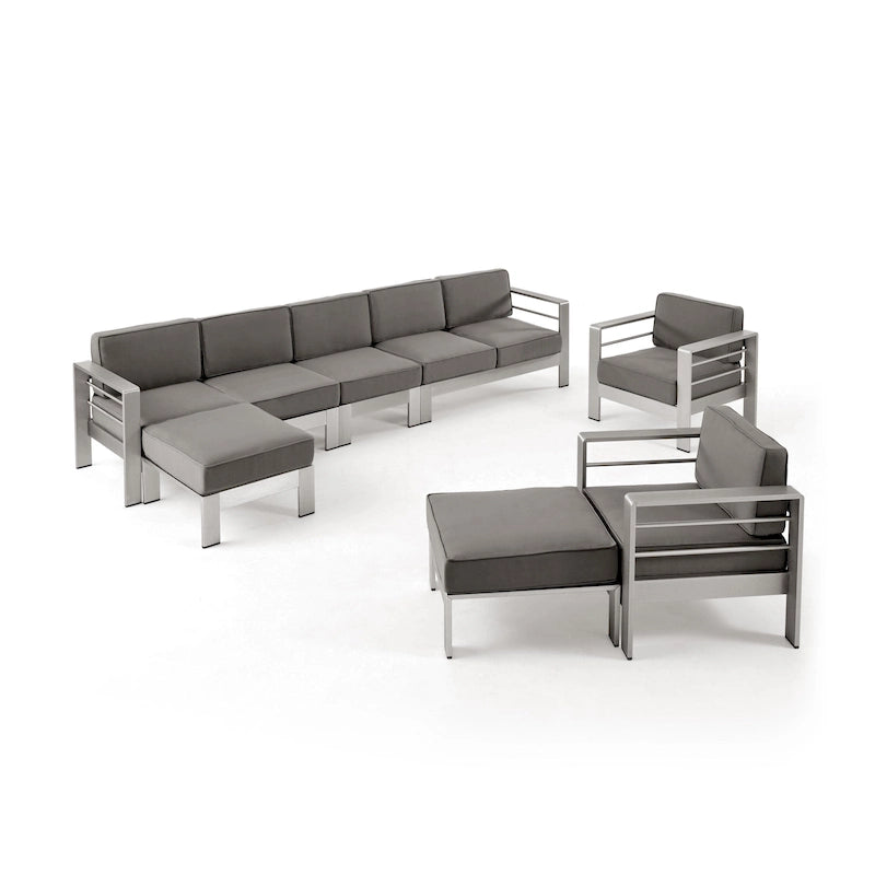 Ensemble de conversation d'extérieur moderne en aluminium à 7 places avec poufs Cape Coral par Christopher Knight Home