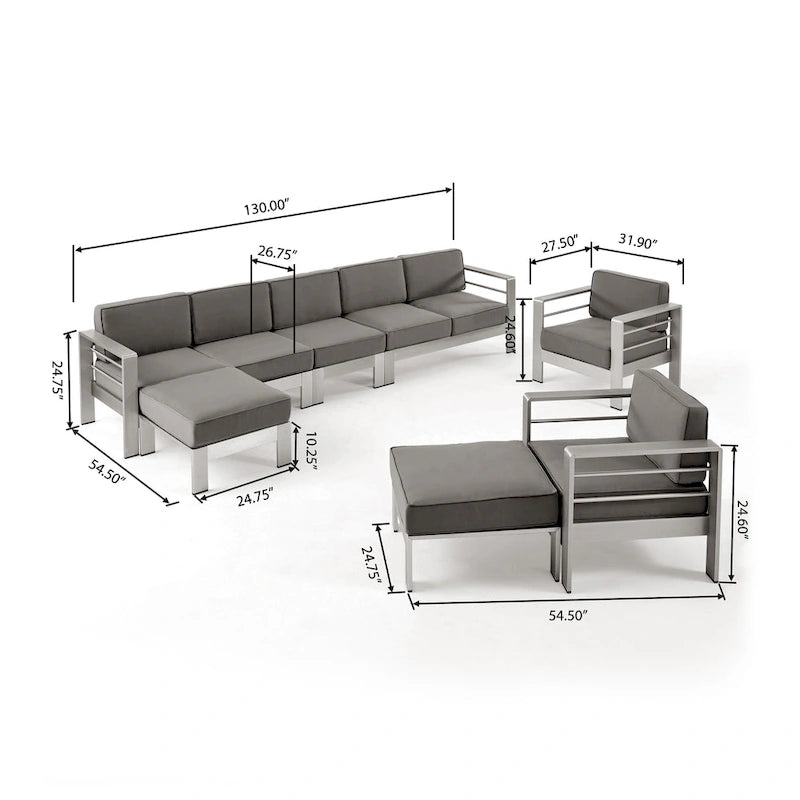 Ensemble de conversation d'extérieur moderne en aluminium à 7 places avec poufs Cape Coral par Christopher Knight Home