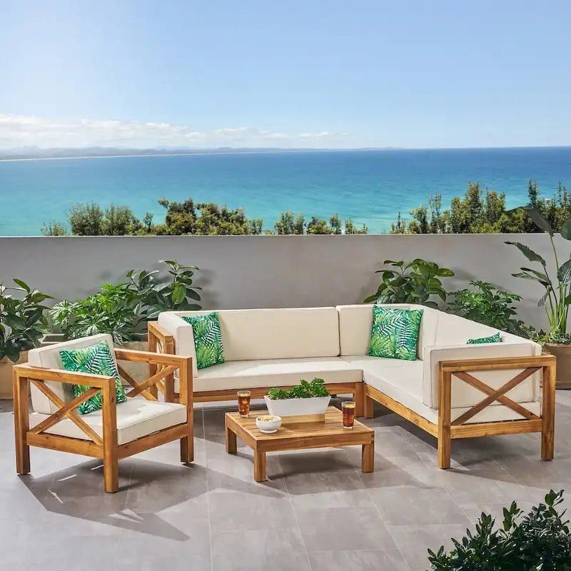 Brava Outdoor Acacia Sectional Sofa and Club Chair Set by Christopher Knight Home