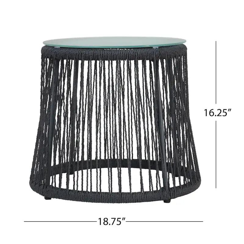 Table d'appoint d'extérieur en acier et corde Southport avec plateau en verre trempé par Christopher Knight Home