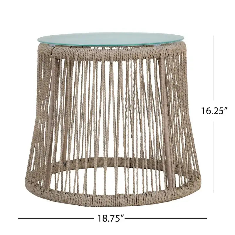 Table d'appoint d'extérieur en acier et corde Southport avec plateau en verre trempé par Christopher Knight Home