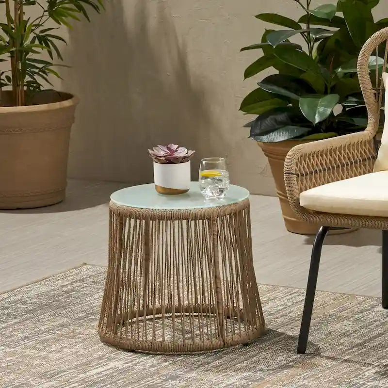Table d'appoint d'extérieur en acier et corde Southport avec plateau en verre trempé par Christopher Knight Home