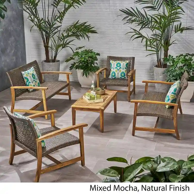 Ensemble de conversation extérieur 5 pièces Hampton Wicker/bois d'acacia par Christopher Knight Home