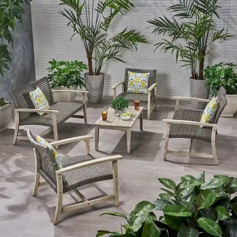 Ensemble de conversation extérieur 5 pièces Hampton Wicker/bois d'acacia par Christopher Knight Home