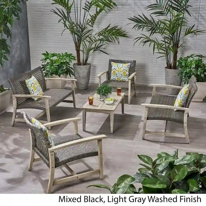 Ensemble de conversation extérieur 5 pièces Hampton Wicker/bois d'acacia par Christopher Knight Home
