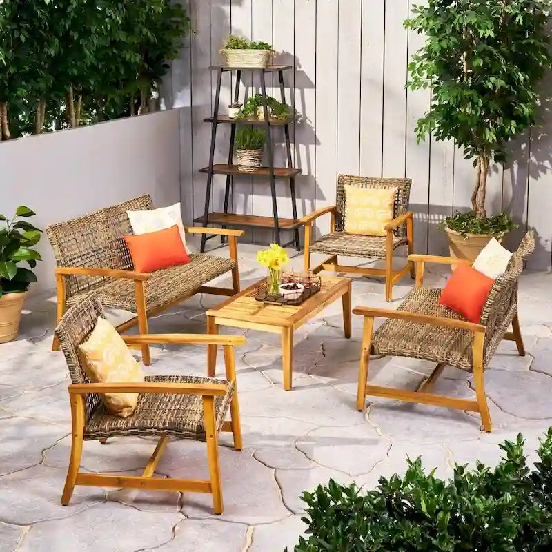 Ensemble de conversation extérieur 5 pièces Hampton Wicker/bois d'acacia par Christopher Knight Home