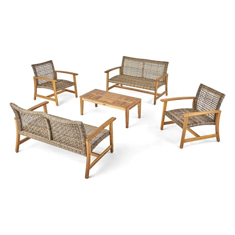 Ensemble de conversation extérieur 5 pièces Hampton Wicker/bois d'acacia par Christopher Knight Home