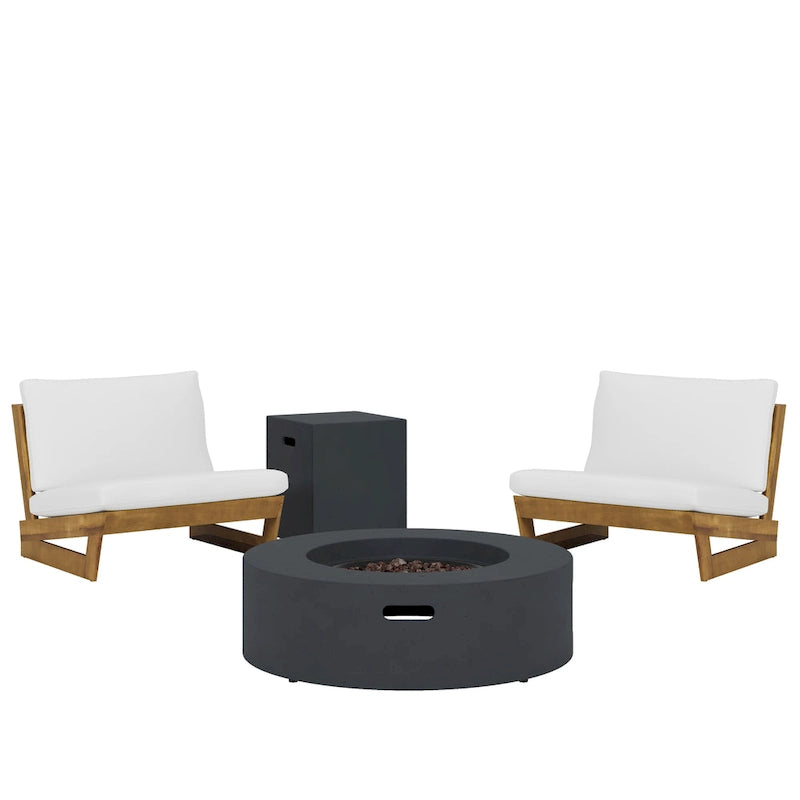 Chaises longues d'extérieur en bois d'acacia Sherwood et foyer circulaire au propane de 50 000 BTU par Christopher Knight Home