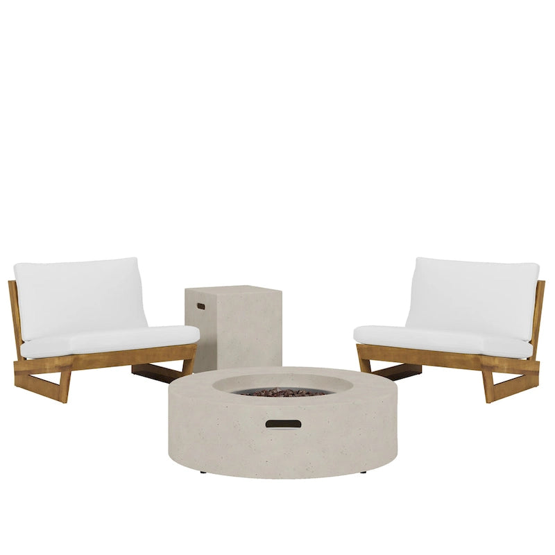 Chaises longues d'extérieur en bois d'acacia Sherwood et foyer circulaire au propane de 50 000 BTU par Christopher Knight Home