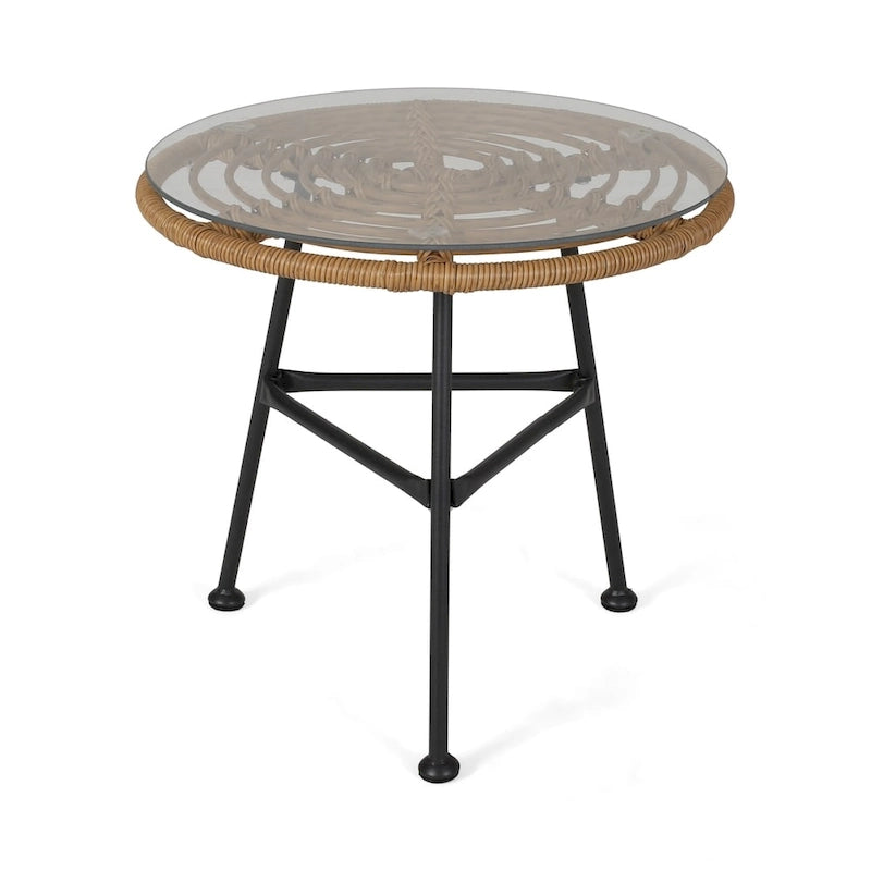 Table d'appoint d'extérieur Orlando en résine tressée imitation rotin avec plateau en verre de Christopher Knight Home